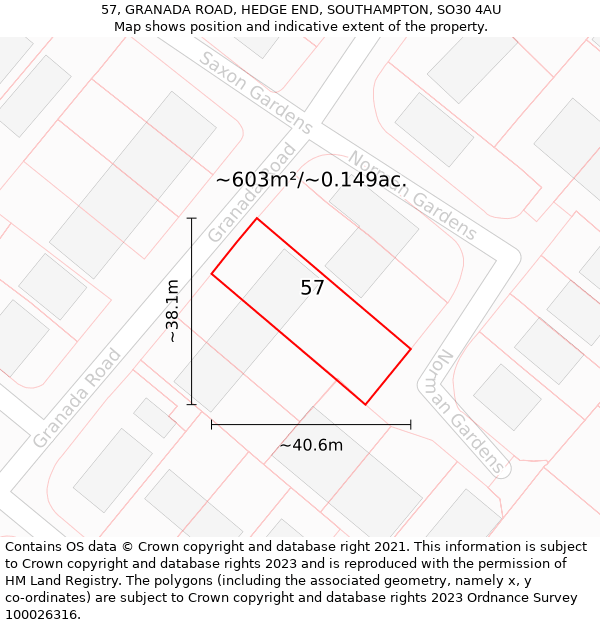 57, GRANADA ROAD, HEDGE END, SOUTHAMPTON, SO30 4AU: Plot and title map