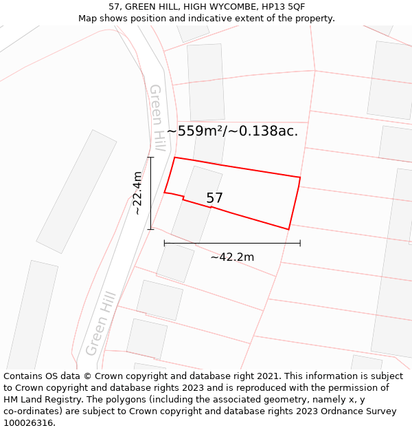 57, GREEN HILL, HIGH WYCOMBE, HP13 5QF: Plot and title map