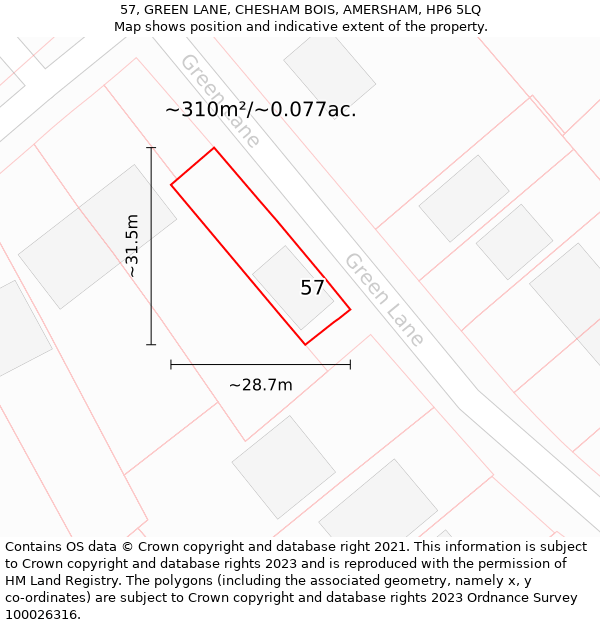 57, GREEN LANE, CHESHAM BOIS, AMERSHAM, HP6 5LQ: Plot and title map