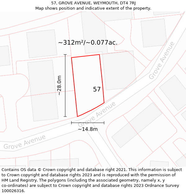 57, GROVE AVENUE, WEYMOUTH, DT4 7RJ: Plot and title map