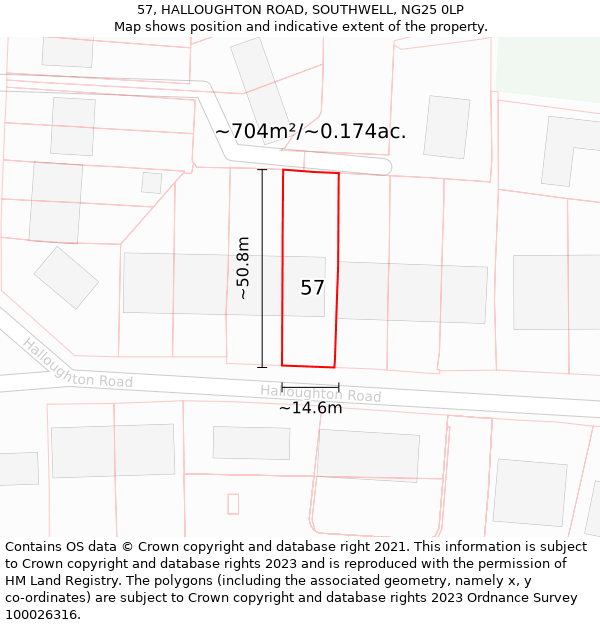 57, HALLOUGHTON ROAD, SOUTHWELL, NG25 0LP: Plot and title map