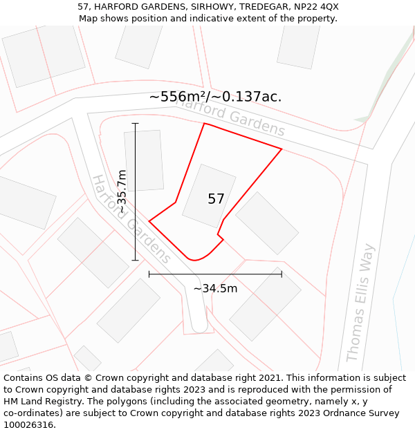 57, HARFORD GARDENS, SIRHOWY, TREDEGAR, NP22 4QX: Plot and title map