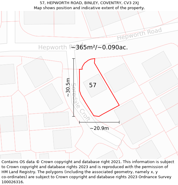 57, HEPWORTH ROAD, BINLEY, COVENTRY, CV3 2XJ: Plot and title map