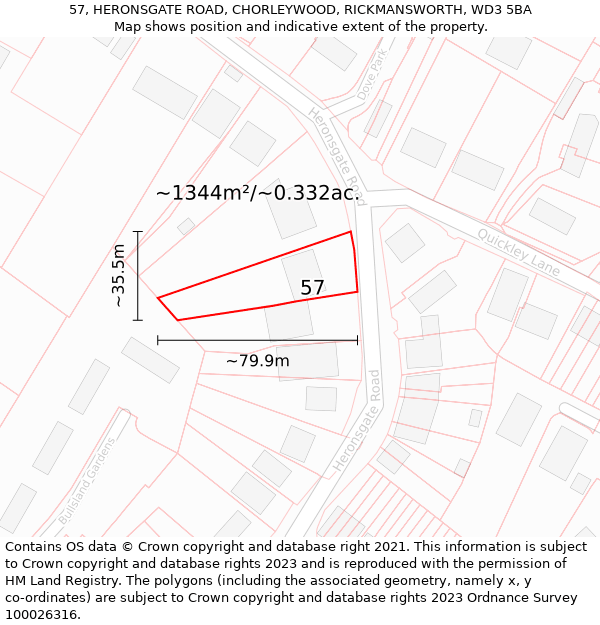 57, HERONSGATE ROAD, CHORLEYWOOD, RICKMANSWORTH, WD3 5BA: Plot and title map