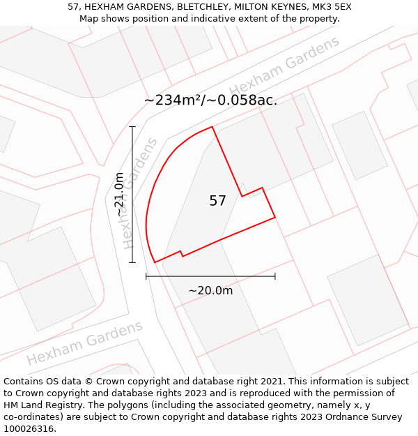 57, HEXHAM GARDENS, BLETCHLEY, MILTON KEYNES, MK3 5EX: Plot and title map