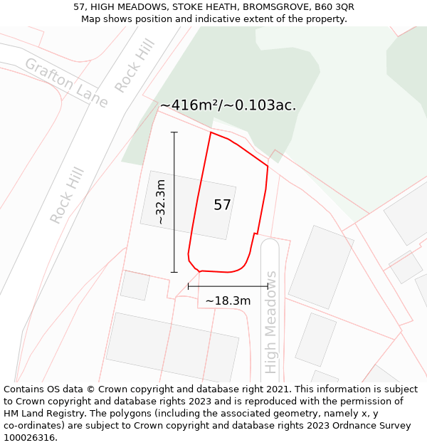 57, HIGH MEADOWS, STOKE HEATH, BROMSGROVE, B60 3QR: Plot and title map