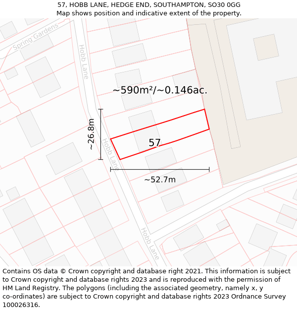 57, HOBB LANE, HEDGE END, SOUTHAMPTON, SO30 0GG: Plot and title map