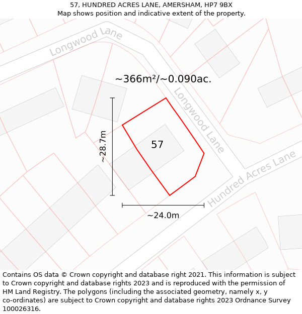 57, HUNDRED ACRES LANE, AMERSHAM, HP7 9BX: Plot and title map