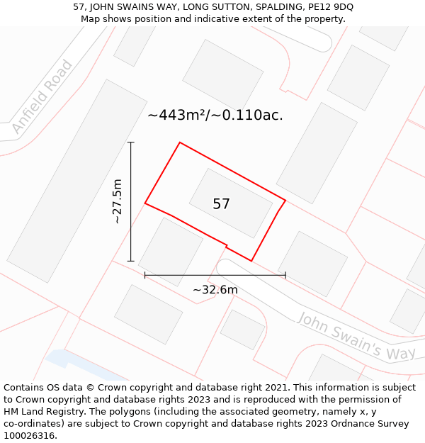 57, JOHN SWAINS WAY, LONG SUTTON, SPALDING, PE12 9DQ: Plot and title map