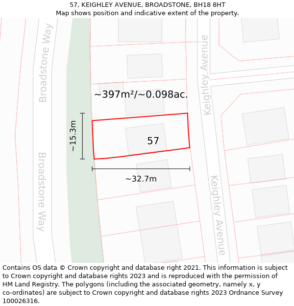 57, KEIGHLEY AVENUE, BROADSTONE, BH18 8HT: Plot and title map
