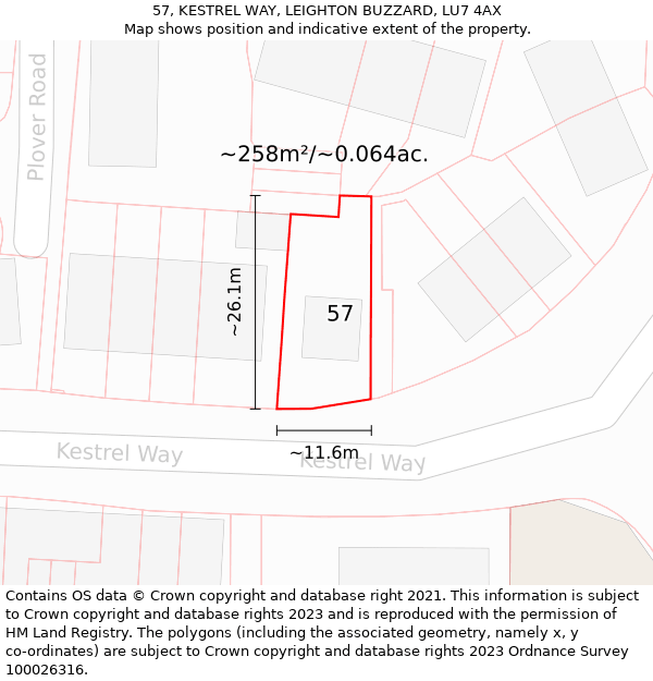 57, KESTREL WAY, LEIGHTON BUZZARD, LU7 4AX: Plot and title map