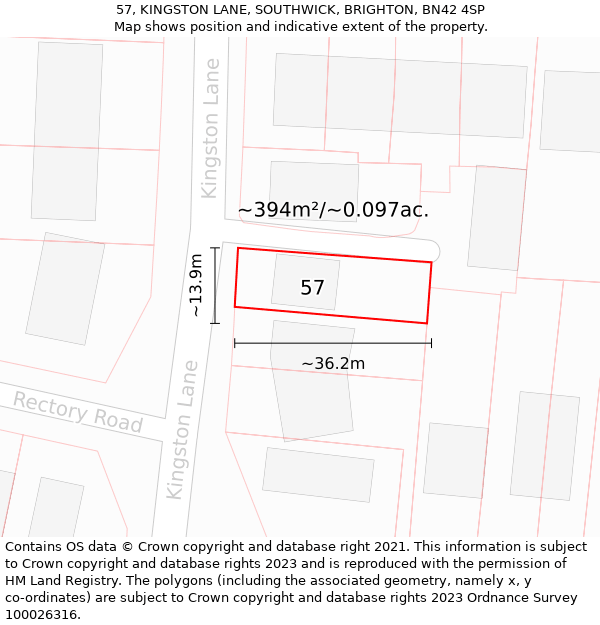 57, KINGSTON LANE, SOUTHWICK, BRIGHTON, BN42 4SP: Plot and title map