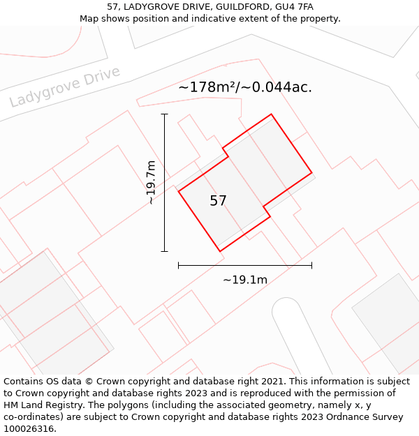 57, LADYGROVE DRIVE, GUILDFORD, GU4 7FA: Plot and title map