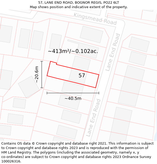 57, LANE END ROAD, BOGNOR REGIS, PO22 6LT: Plot and title map