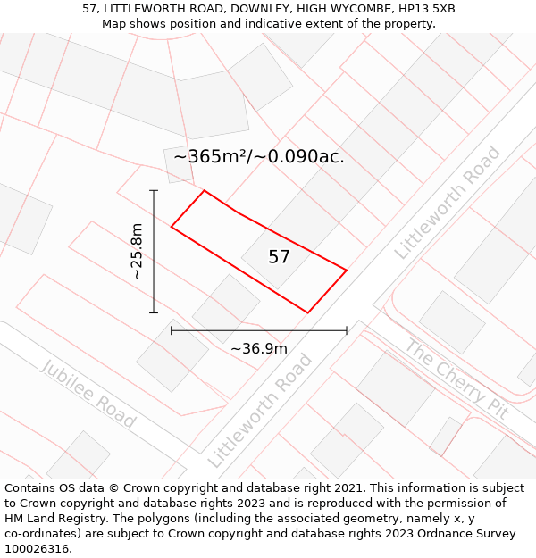 57, LITTLEWORTH ROAD, DOWNLEY, HIGH WYCOMBE, HP13 5XB: Plot and title map