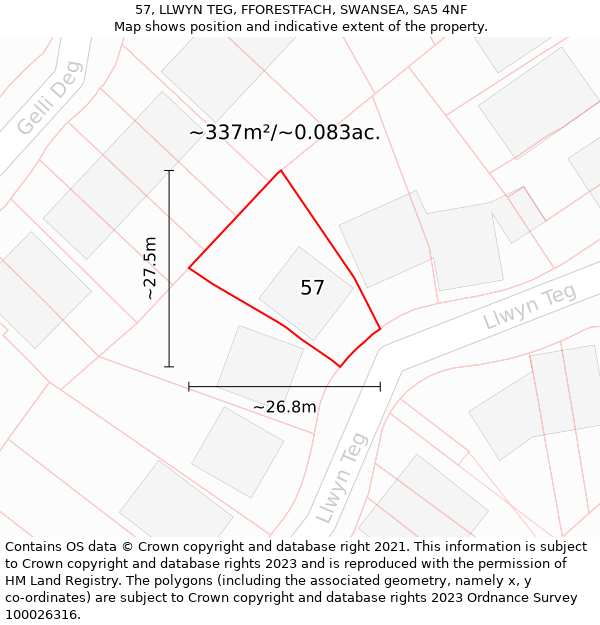 57, LLWYN TEG, FFORESTFACH, SWANSEA, SA5 4NF: Plot and title map