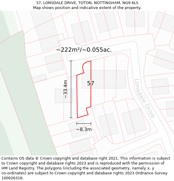 57, LONSDALE DRIVE, TOTON, NOTTINGHAM, NG9 6LS: Plot and title map