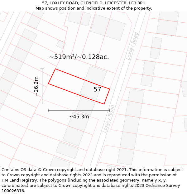 57, LOXLEY ROAD, GLENFIELD, LEICESTER, LE3 8PH: Plot and title map