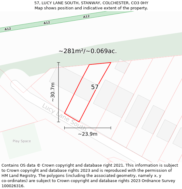 57, LUCY LANE SOUTH, STANWAY, COLCHESTER, CO3 0HY: Plot and title map