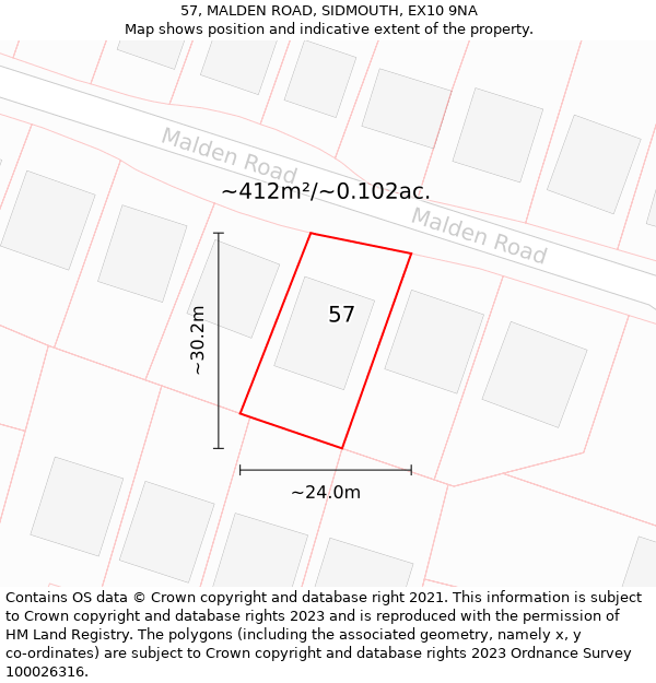 57, MALDEN ROAD, SIDMOUTH, EX10 9NA: Plot and title map