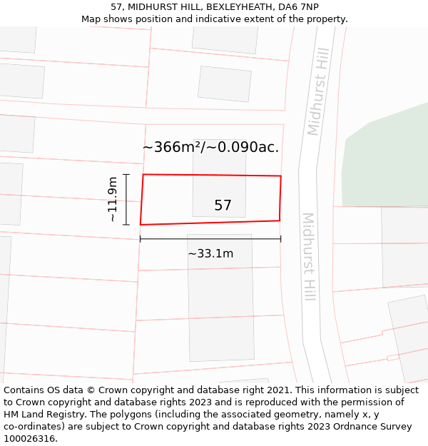 57, MIDHURST HILL, BEXLEYHEATH, DA6 7NP: Plot and title map