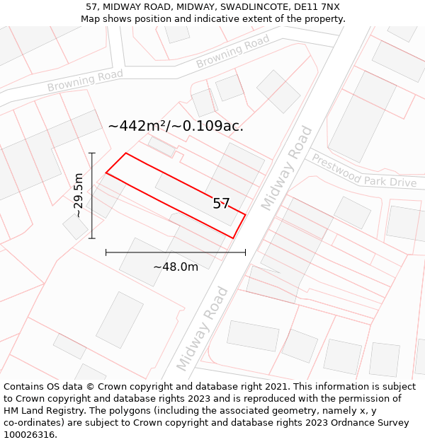 57, MIDWAY ROAD, MIDWAY, SWADLINCOTE, DE11 7NX: Plot and title map