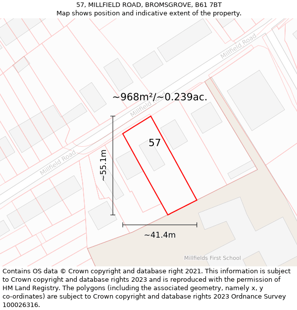 57, MILLFIELD ROAD, BROMSGROVE, B61 7BT: Plot and title map