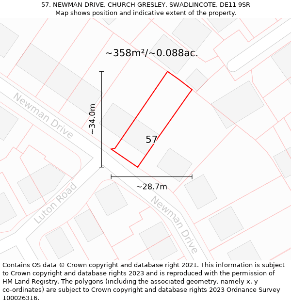 57, NEWMAN DRIVE, CHURCH GRESLEY, SWADLINCOTE, DE11 9SR: Plot and title map