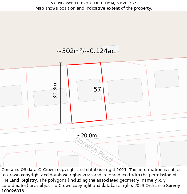 57, NORWICH ROAD, DEREHAM, NR20 3AX: Plot and title map