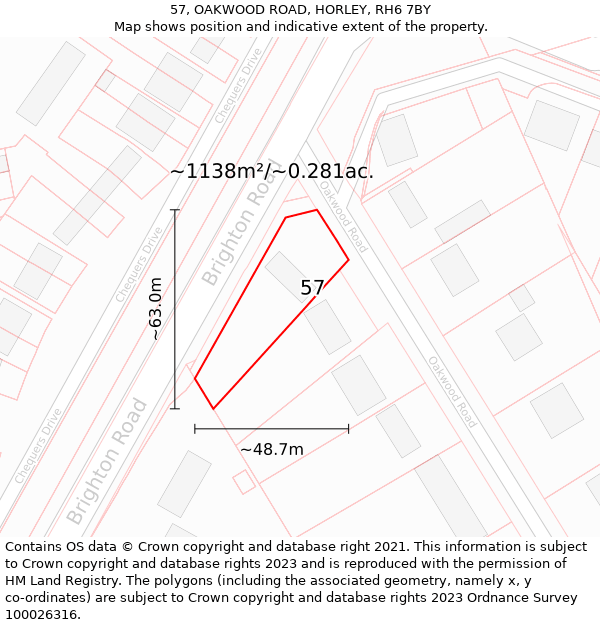 57, OAKWOOD ROAD, HORLEY, RH6 7BY: Plot and title map