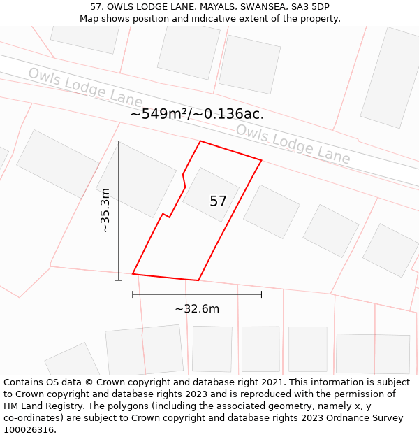 57, OWLS LODGE LANE, MAYALS, SWANSEA, SA3 5DP: Plot and title map