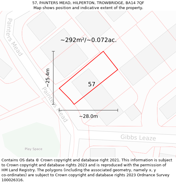 57, PAINTERS MEAD, HILPERTON, TROWBRIDGE, BA14 7QF: Plot and title map