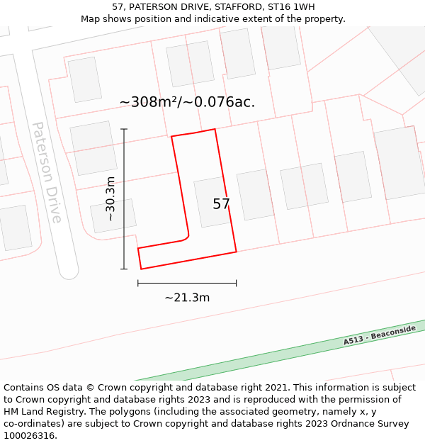 57, PATERSON DRIVE, STAFFORD, ST16 1WH: Plot and title map