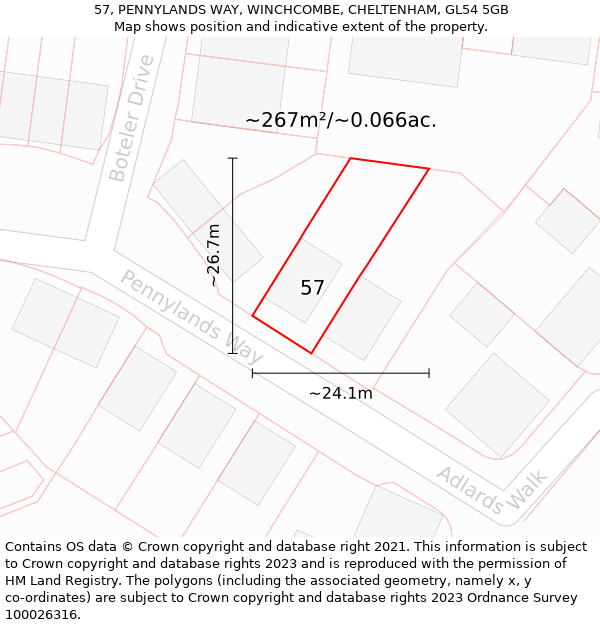 57, PENNYLANDS WAY, WINCHCOMBE, CHELTENHAM, GL54 5GB: Plot and title map