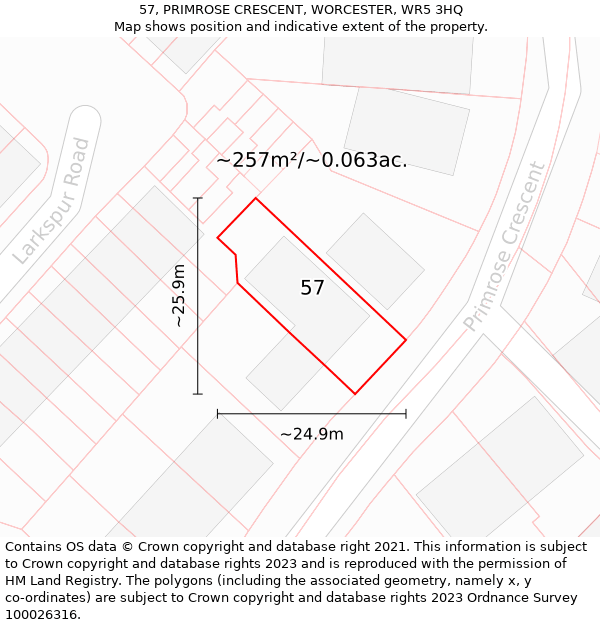 57, PRIMROSE CRESCENT, WORCESTER, WR5 3HQ: Plot and title map