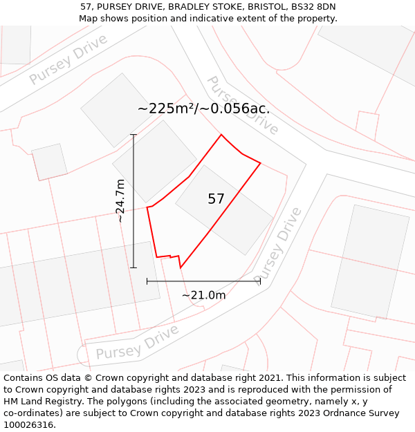 57, PURSEY DRIVE, BRADLEY STOKE, BRISTOL, BS32 8DN: Plot and title map