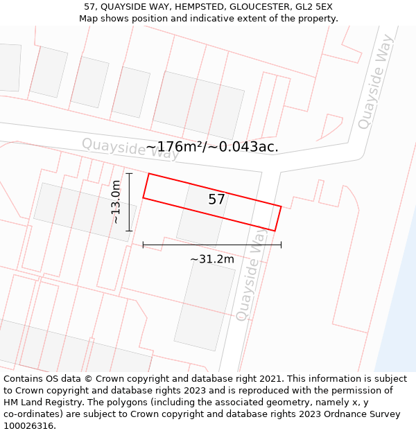 57, QUAYSIDE WAY, HEMPSTED, GLOUCESTER, GL2 5EX: Plot and title map