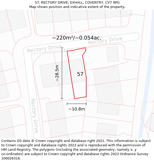 57, RECTORY DRIVE, EXHALL, COVENTRY, CV7 9PG: Plot and title map