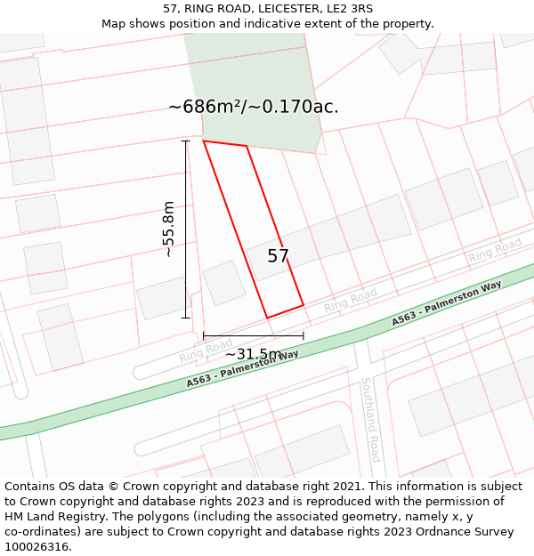 57, RING ROAD, LEICESTER, LE2 3RS: Plot and title map