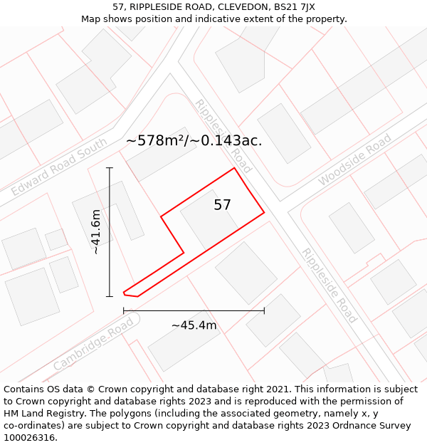 57, RIPPLESIDE ROAD, CLEVEDON, BS21 7JX: Plot and title map