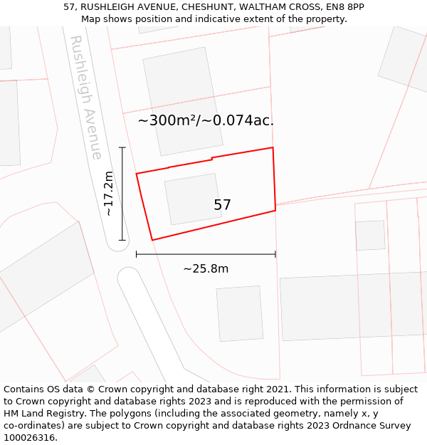 57, RUSHLEIGH AVENUE, CHESHUNT, WALTHAM CROSS, EN8 8PP: Plot and title map