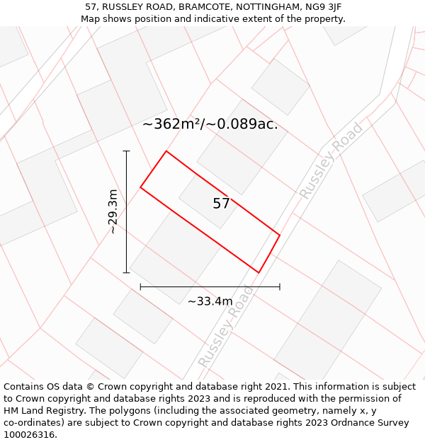 57, RUSSLEY ROAD, BRAMCOTE, NOTTINGHAM, NG9 3JF: Plot and title map