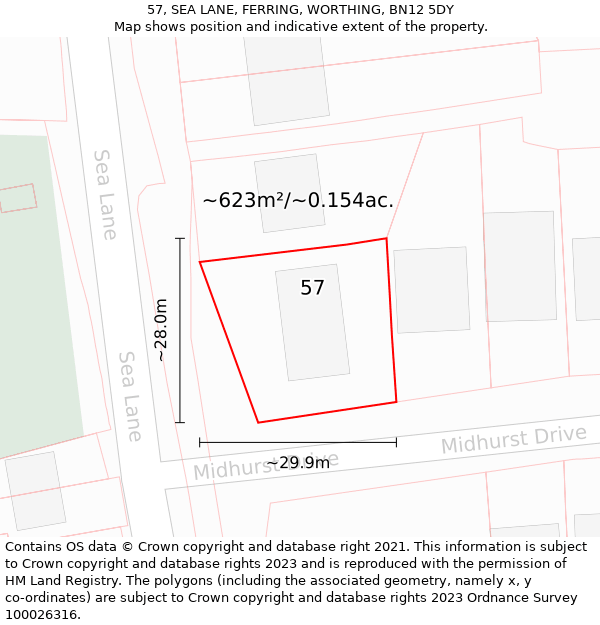 57, SEA LANE, FERRING, WORTHING, BN12 5DY: Plot and title map