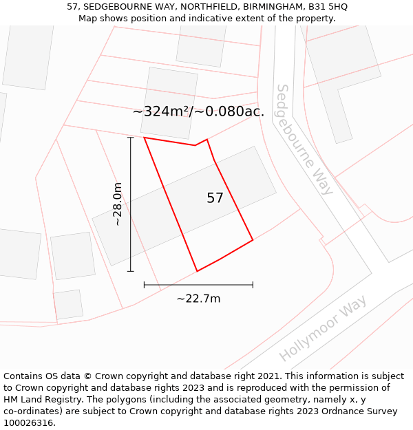 57, SEDGEBOURNE WAY, NORTHFIELD, BIRMINGHAM, B31 5HQ: Plot and title map