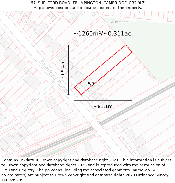 57, SHELFORD ROAD, TRUMPINGTON, CAMBRIDGE, CB2 9LZ: Plot and title map