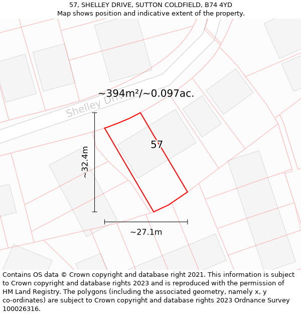 57, SHELLEY DRIVE, SUTTON COLDFIELD, B74 4YD: Plot and title map