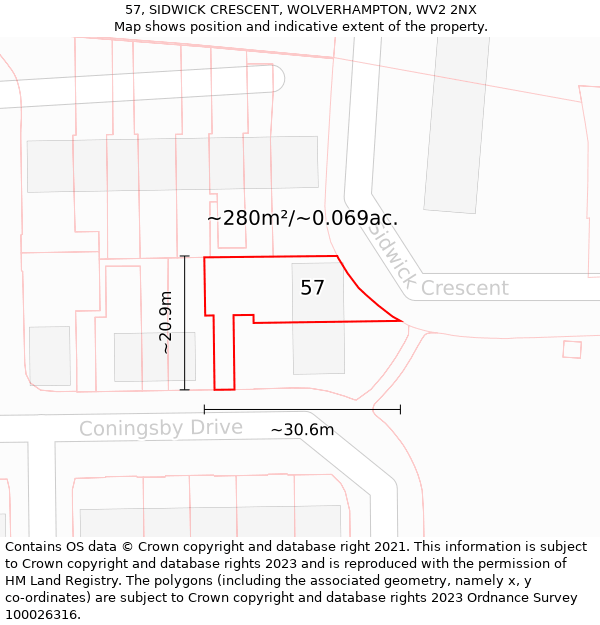 57, SIDWICK CRESCENT, WOLVERHAMPTON, WV2 2NX: Plot and title map