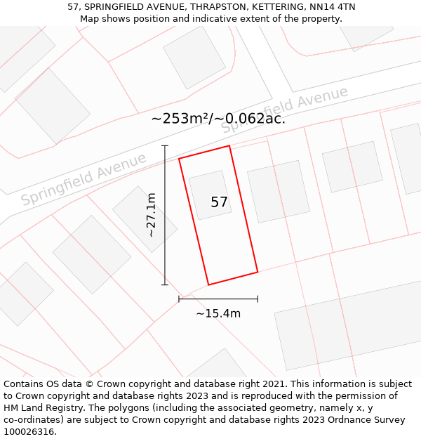 57, SPRINGFIELD AVENUE, THRAPSTON, KETTERING, NN14 4TN: Plot and title map