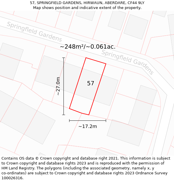 57, SPRINGFIELD GARDENS, HIRWAUN, ABERDARE, CF44 9LY: Plot and title map