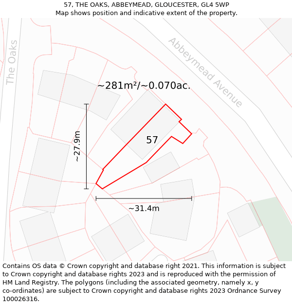 57, THE OAKS, ABBEYMEAD, GLOUCESTER, GL4 5WP: Plot and title map